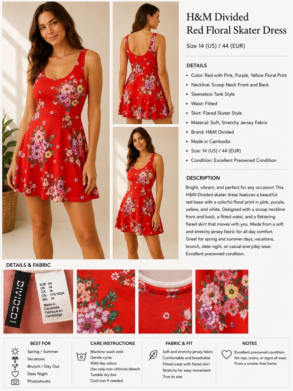 H&M Divided Red Floral Fit & Flare Sleeveless Skater Dress | Women’s US 14